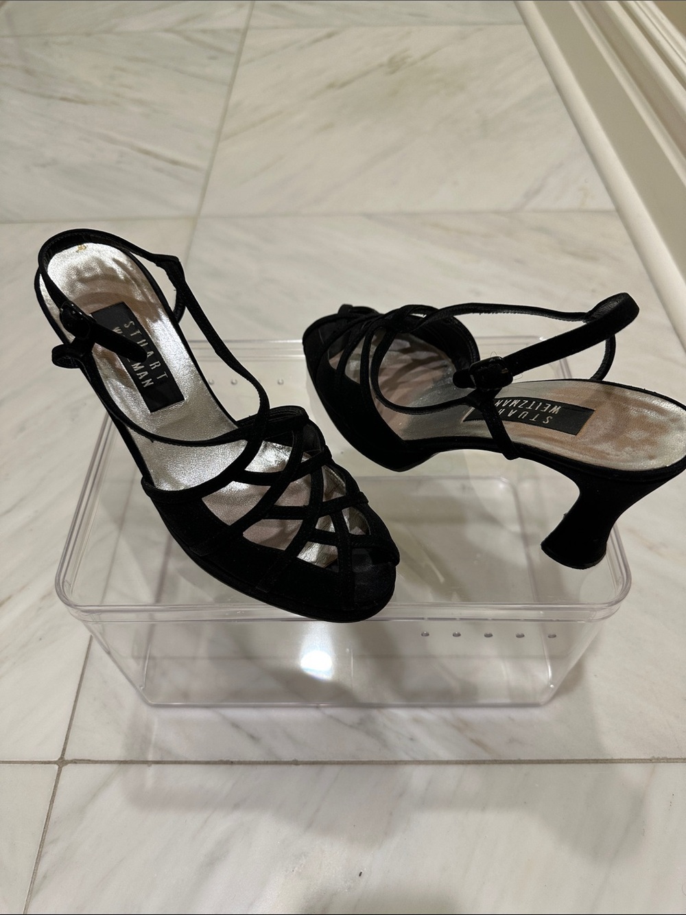 Stuart Weitzman Black Strappy Open-Toe Slingback Heels